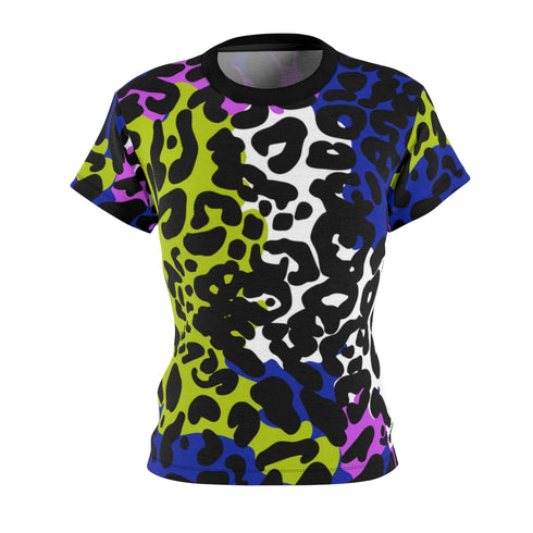 Color Block Leopard Print Women's Crewneck Tee in Techno